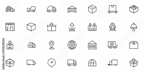 Flat logistics icons set with truck, warehouse, box, and cargo ship symbols for delivery, transport, and supply chain design.