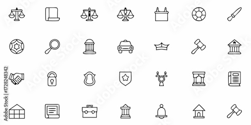 Flat law and justice icons pack with scale, gavel, courthouse, and legal symbols for apps, infographics, and web use.