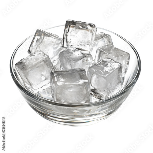 Clear ice cubes in a glass bowl refreshing cold drink isolated on a white background
