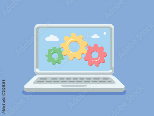 青い背景に置かれたノートパソコンのディスプレイ上で、緑、黄、ピンクのカラフルな歯車が協調して動く様子は、現代の効率的なデジタルワークフローやシステム構築を象徴するベクターイラストレーションです。