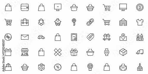 Flat minimal shopping icons set with wishlist, cart, bag, and payment symbols for ecommerce apps and websites.