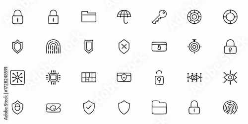 Flat security icons set with lock, key, fingerprint, and shield symbols for apps, websites, and digital protection designs.