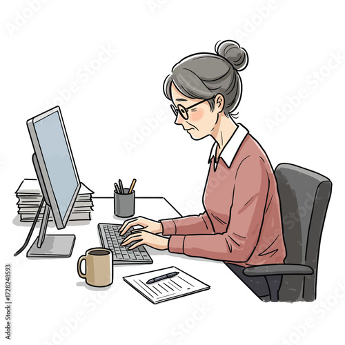 An illustrated older woman with gray hair and glasses, sitting at a desk and typing on a computer keyboard.