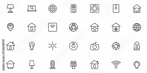 Flat smart home icons set with lamp, thermostat, lock, and WiFi symbols for apps, automation, and digital home control.