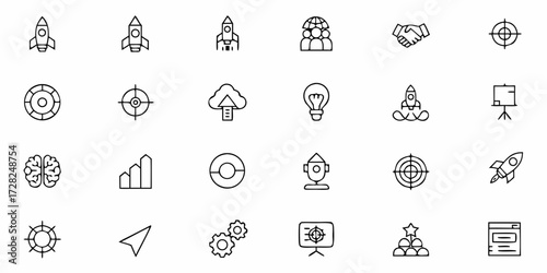 Flat startup growth icons set with rocket, innovation, light bulb, and business symbols for apps, presentations, and web design.