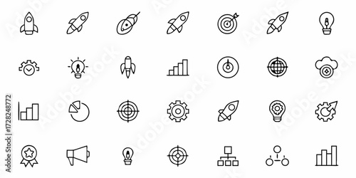 Flat startup icons set with rocket, growth chart, target, and innovation symbols for business, apps, and presentations.