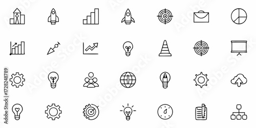 Flat startup icons set with rocket, growth chart, target, and innovation symbols for business, apps, and presentations.