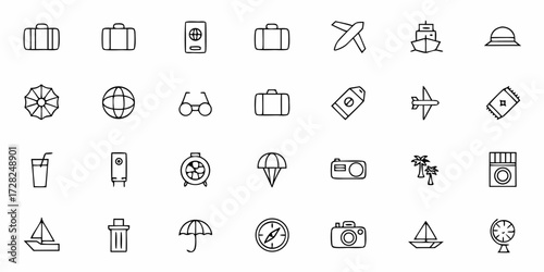 Flat travel icons pack featuring suitcase, passport, airplane, and world globe for tourism, trip planning, and vacation apps.