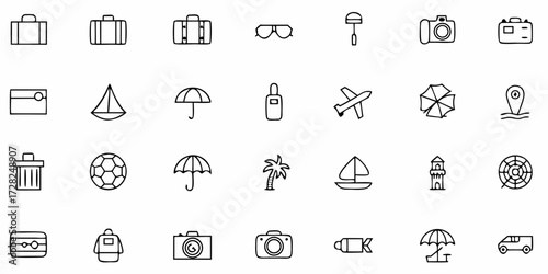 Flat travel icons pack featuring suitcase, passport, airplane, and world globe for tourism, trip planning, and vacation apps.