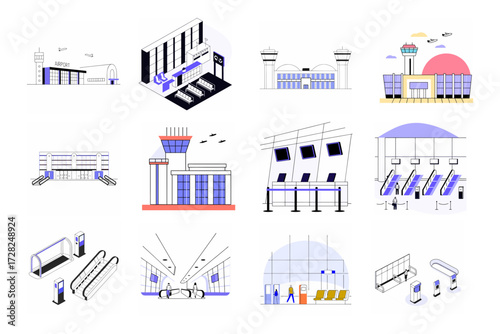 Colorful set of airport icons in a city illustration. Vector.