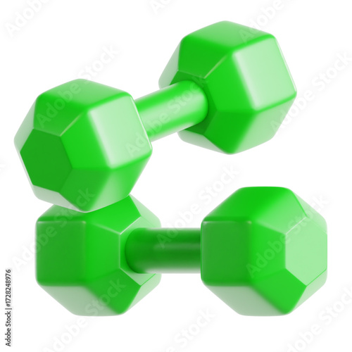 Bright Green Hexagonal Dumbbells Stacked on a White Background, Perfect for Fitness and Weightlifting Workouts