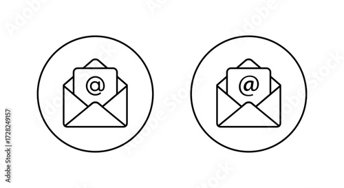 Open email envelope icon in circular outline. Message with mention symbol