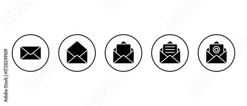 Email envelope icon set. Close, open mail, incoming letter, text message, and inbox with mention symbol in circular outline
