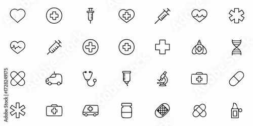 Vector medical icon pack with cross symbol, stethoscope, pill, syringe, and other healthcare essentials in clean flat style.