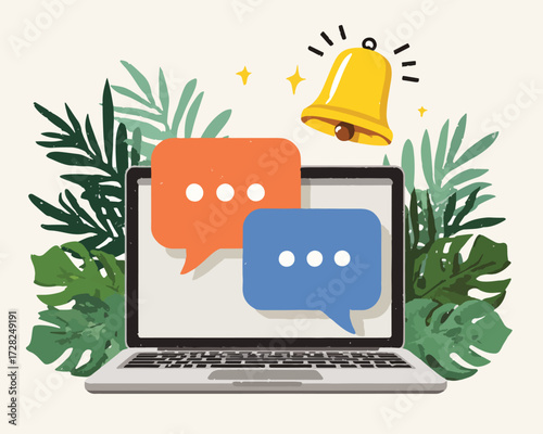 ノートパソコンの画面に表示されたチャットバブルと通知のベルが、オンラインコミュニケーションとデジタル時代のメッセージ交換を自然な葉の背景で表現したベクターイラストレーション。