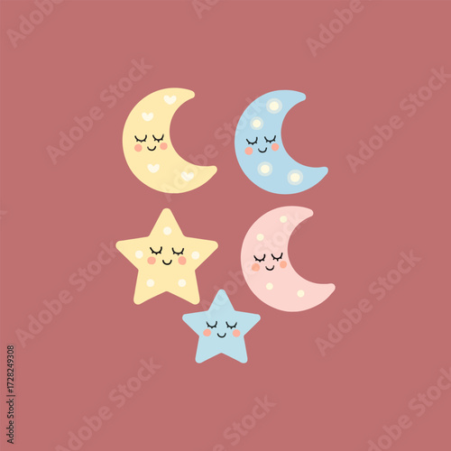 Cute Cartoon Moons and Stars Sleeping on a Soft Background