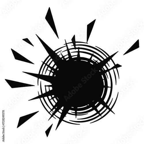 Abstract black hole with spikes and circular lines on white background