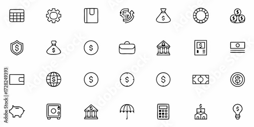 Vector set of banking icons featuring ATM, vault, cash register, money bag, and other financial symbols in flat modern style.