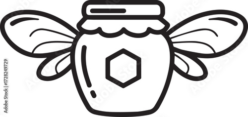 Whimsical bee jar illustration symbolizes sweet natural goodness, organic products, and delightful treats for a charming brand identity.