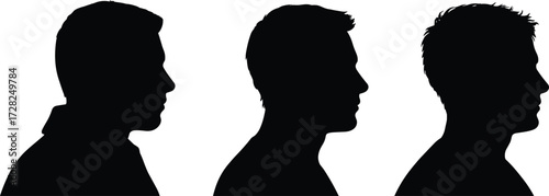 Male profile silhouette, black head vector, human face side view, identity concept, forensic illustration, flat vector illustration