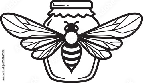 Charming bee with outstretched wings hovers protectively over a stylized honey jar, evoking natural sweetness and artisanal craftsmanship for delightful branding.