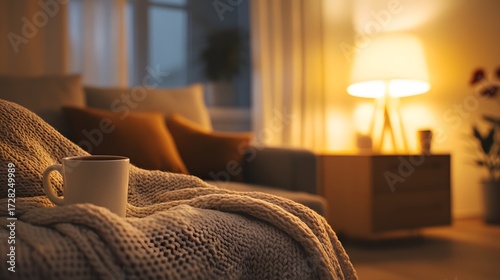 Cozy Evening at Home, Warm Knit Blanket, Mug of Tea, Soft Lighting