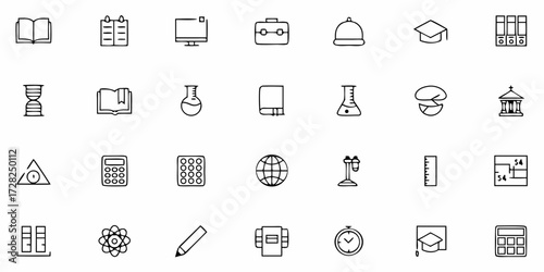 Vector set of education icons featuring book, graduation cap, ruler, pencil, and other learning symbols in flat modern style.