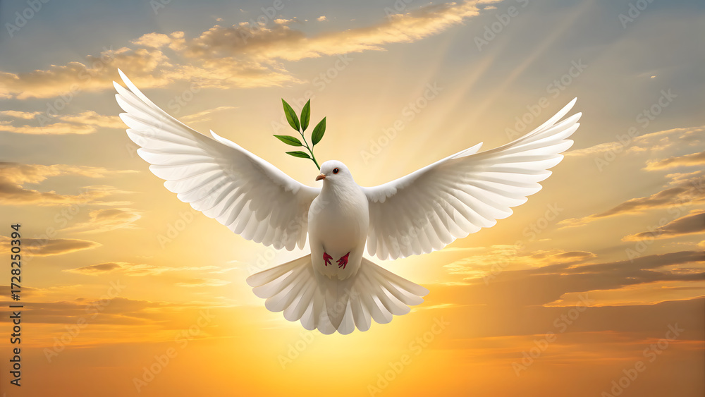 Obraz premium Title: White dove flying with olive branch in sunlight symbol of peace and freedom 