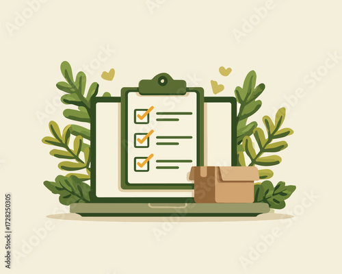 オンラインでの効率的なタスク管理や環境に優しい配送プロセスを象徴する、チェックリスト付きノートパソコンと段ボール箱のベクターイラストレーション。