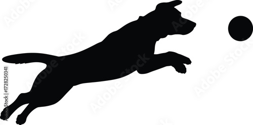 Silhouette dog jumping, active pet motion, dog catching ball, playful dog vector, black dog leap, flat vector illustration