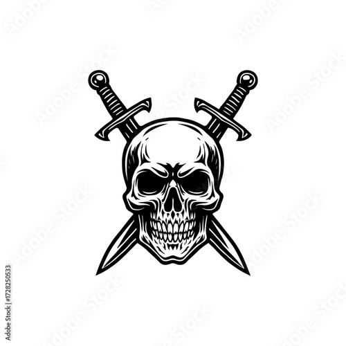 Intricate skull graphic with crossed swords.