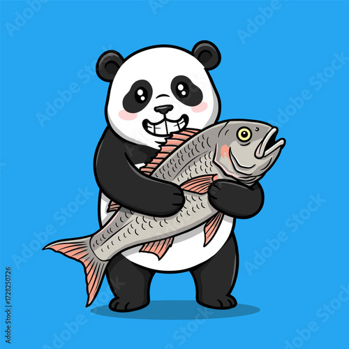 Cartoon panda with rosy cheeks happily holding a large fish, standing upright against a bright blue background.