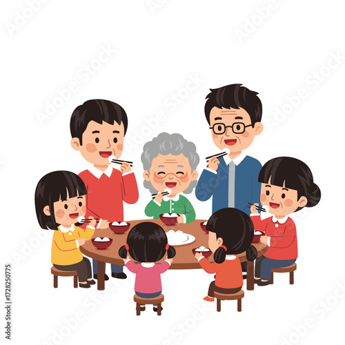 Cartoon illustration of a multi generational family eating together around a round table with bowls