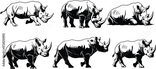 Rhino illustration in different poses, hand drawn style, black and white vector, wild animal sketch, walking, grazing, resting