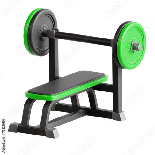 Modern 3D rendered gym equipment featuring a sturdy workout bench and a heavy-duty barbell with vibrant green weight plates, essential for strength training and fitness exercises