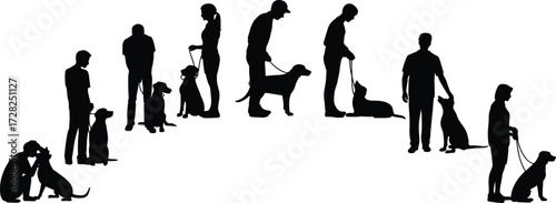 Dog training silhouette, pet owner interaction, obedience practice, canine behavior, leash control, bonding moment, flat vector illustration, black and white
