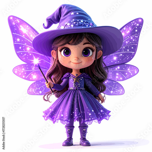A cute cartoon girl dressed as a purple fairy witch with sparkling wings, a pointy hat, and a magic wand.