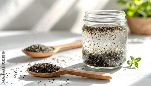 Chia seeds soaking in water in a glass jar (chia pudding base) next to wooden spoons full of dry seeds.