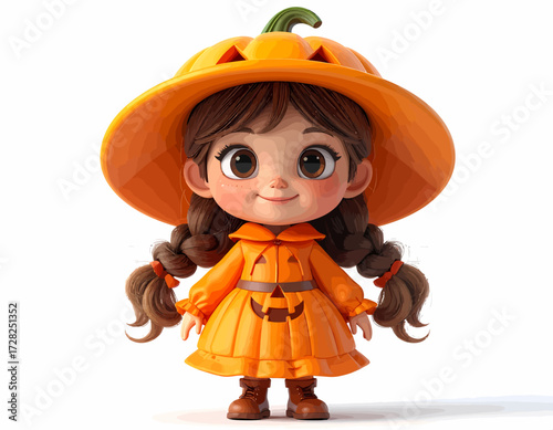 A cute cartoon girl dressed as a pumpkin for Halloween, wearing a pumpkin hat and orange dress with a jack-o'-lantern face.