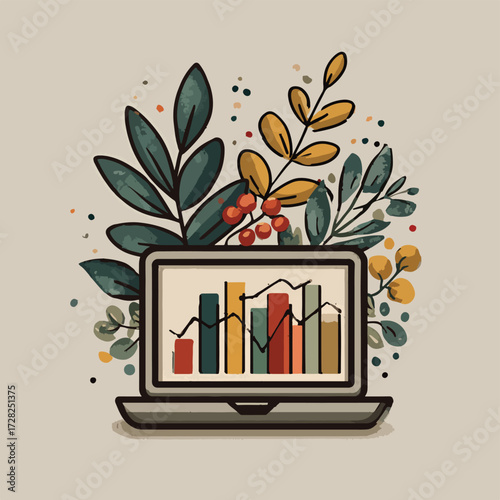 ラップトップ画面に表示された成長を示すグラフと、周りを飾る植物やベリーのイラスト。ビジネス成長の概念。