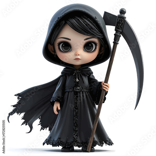 A cute, chibi-style grim reaper character dressed in a black hooded robe and holding a scythe.