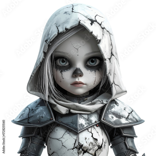 Creepy doll in cracked armor with a hood, pale skin, and dark eyes.
