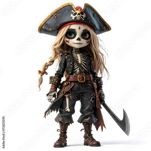 A cute and spooky pirate doll with a skeleton face, long blonde hair, and a pirate hat, holding a hook, standing on a white background.