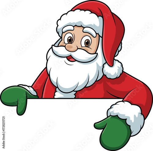 Santa Claus cartoon, Christmas character, festive icon, blank sign, holiday greeting, red suit, white beard, smiling Santa, winter, isolated