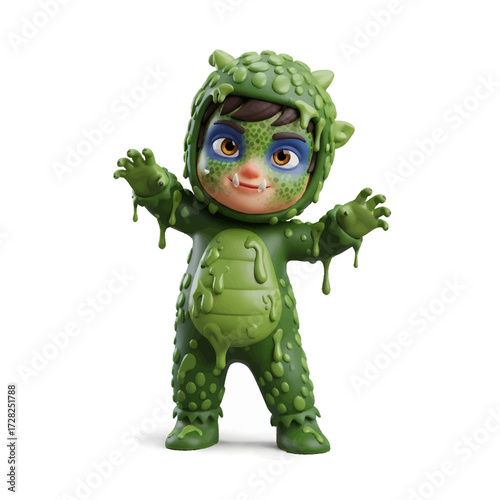 Cute child in a green monster costume with slime.