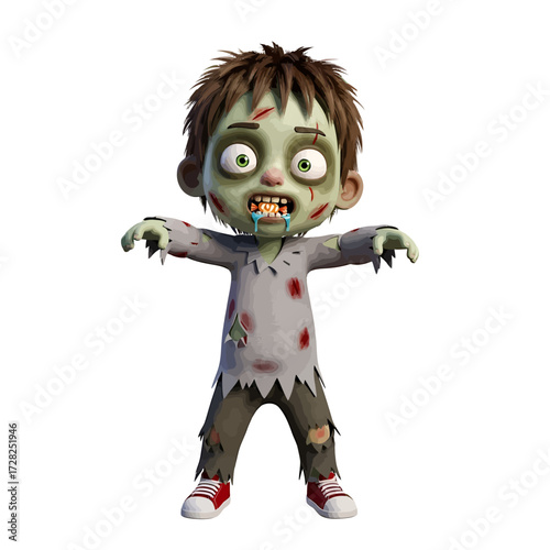 Cartoon zombie boy with red sneakers and tattered clothes.