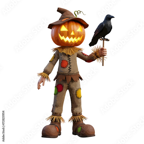 A spooky Halloween scarecrow with a glowing jack-o'-lantern head and a crow perched on its hand.