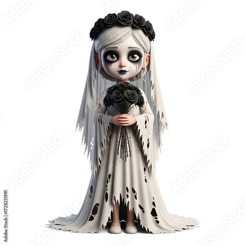 A spooky cartoon bride with pale skin, dark eye makeup, and a tattered white dress holding a bouquet of black roses.