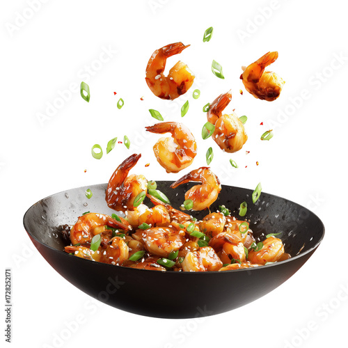 A shrimp tossed in a black bowl isolated on a transparent background