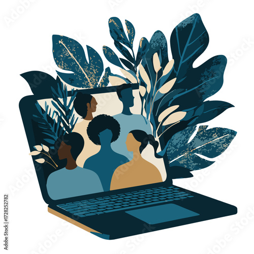 ノートパソコン画面に映る多様な人々のシルエットと、周りを囲む緑の葉っぱのベクターイラスト。
